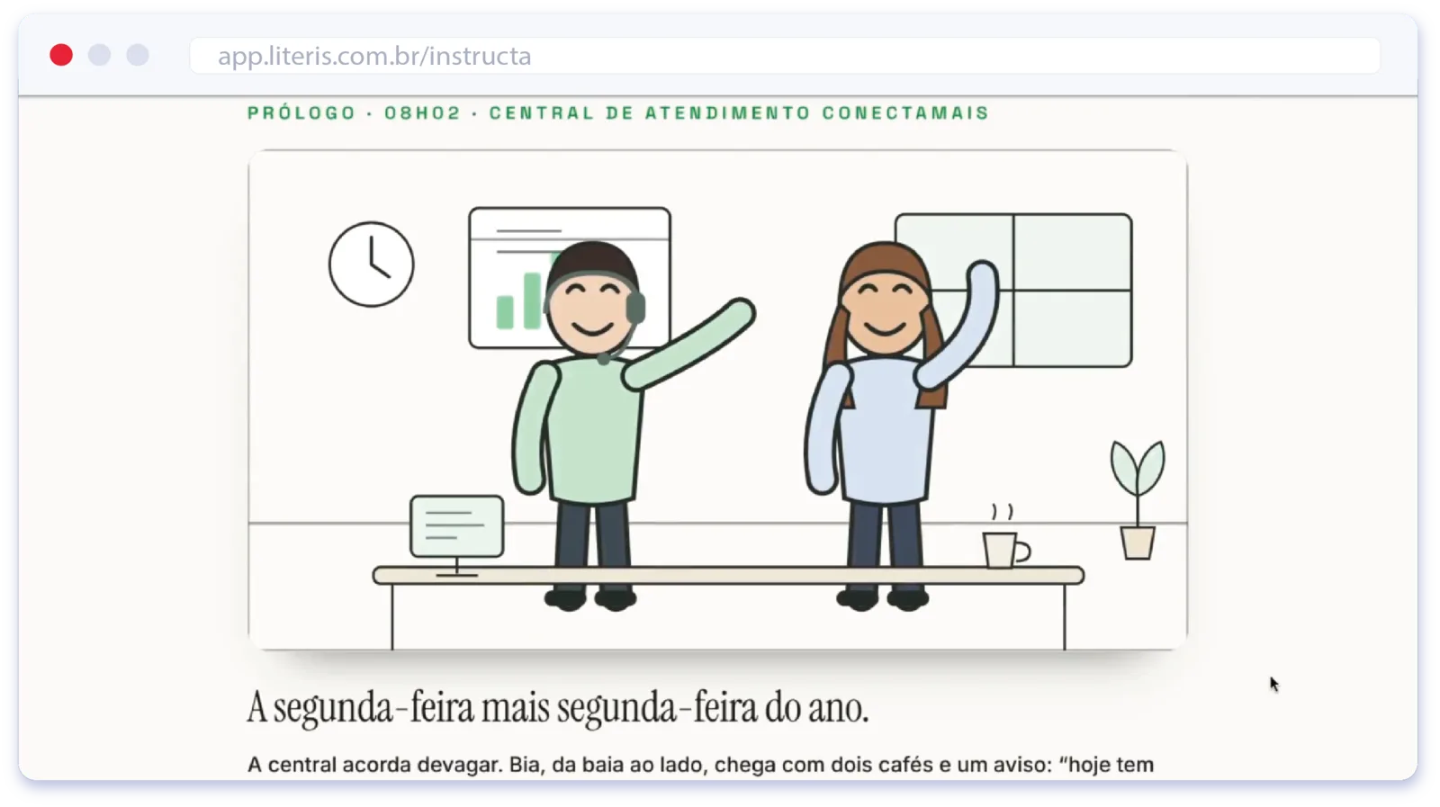 Exemplo de árvore de decisão: cena ilustrada com dois personagens da central de atendimento.