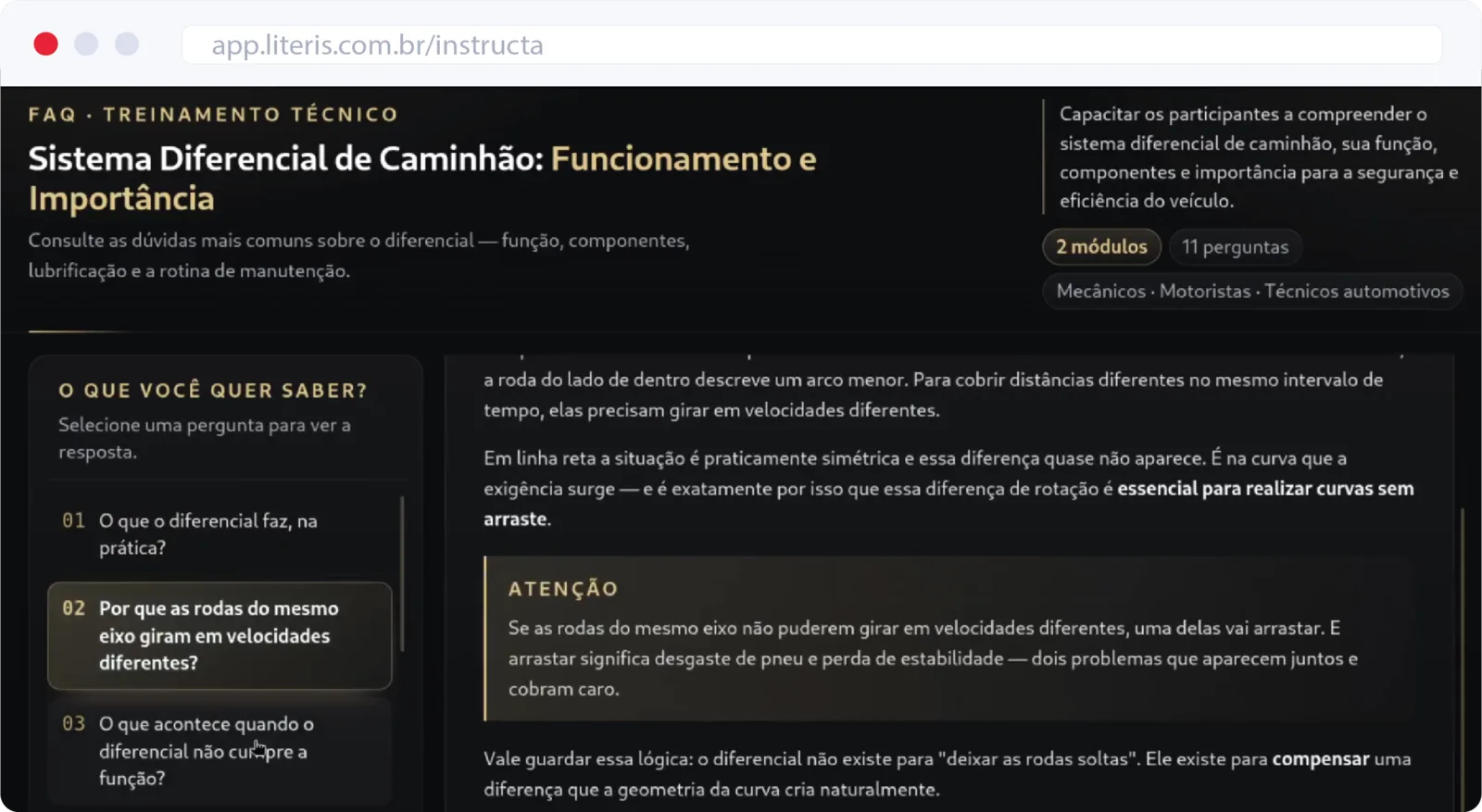 Exemplo de treinamento em FAQ: perguntas frequentes sobre o sistema diferencial de caminhão.