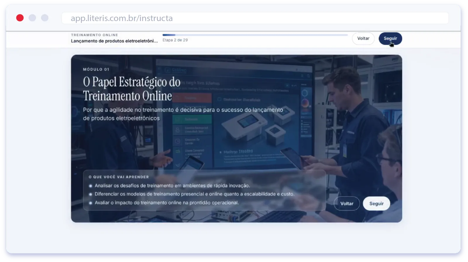 Exemplo de treinamento tela a tela: etapa 2 de 29 do módulo O Papel Estratégico do Treinamento Online.