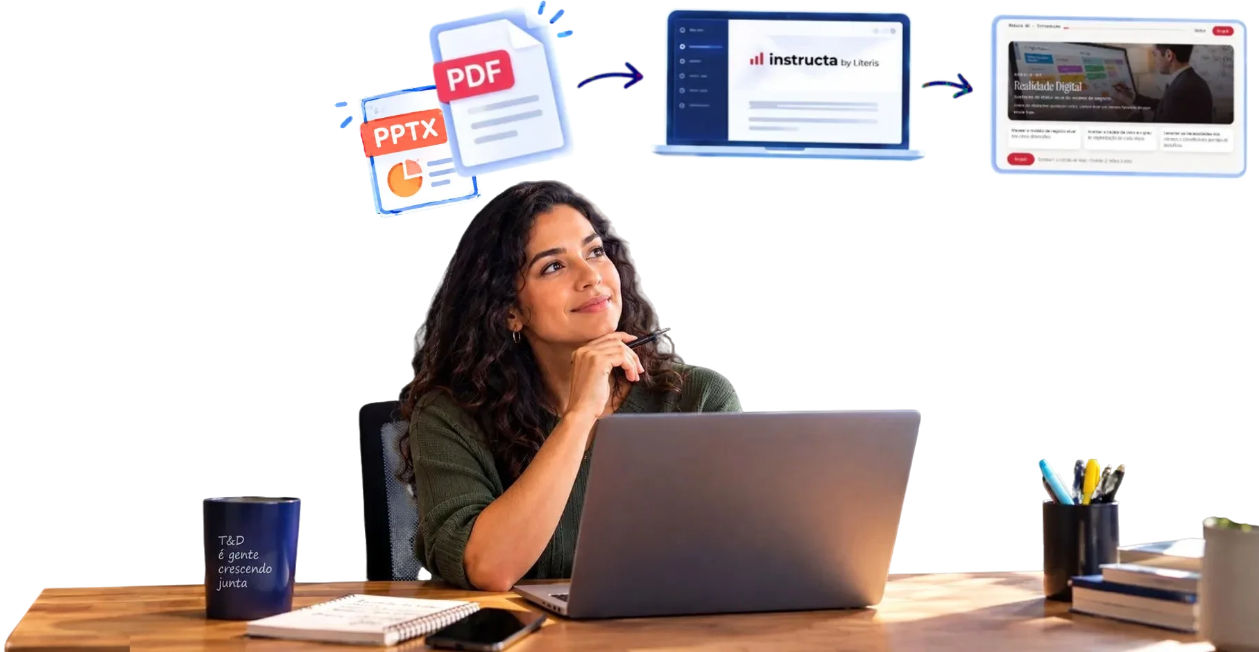 Profissional de T&D com o notebook aberto ao lado do fluxo do Instructa: PDF e PPTX viram um treinamento pronto no navegador.